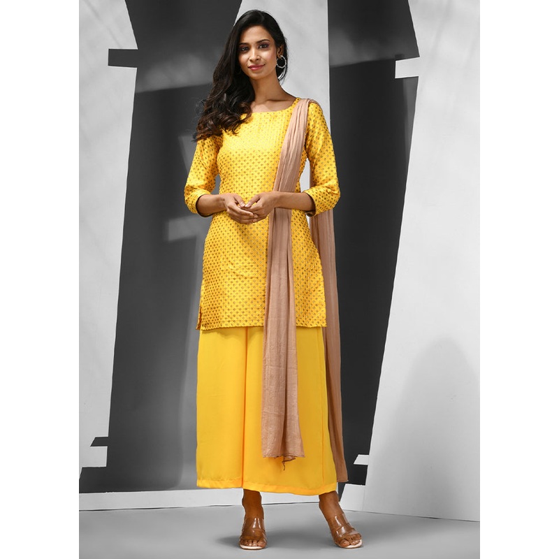 3 Pc Yellow Readymade Silk Suit Set - JD986583310