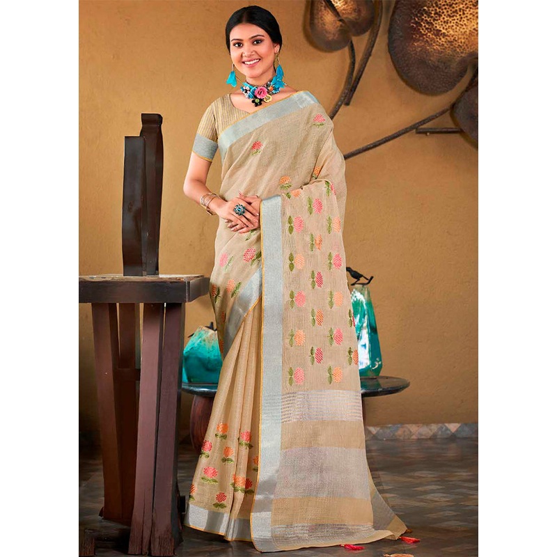 Beige Silk Saree With Blouse Piece - JD986583270