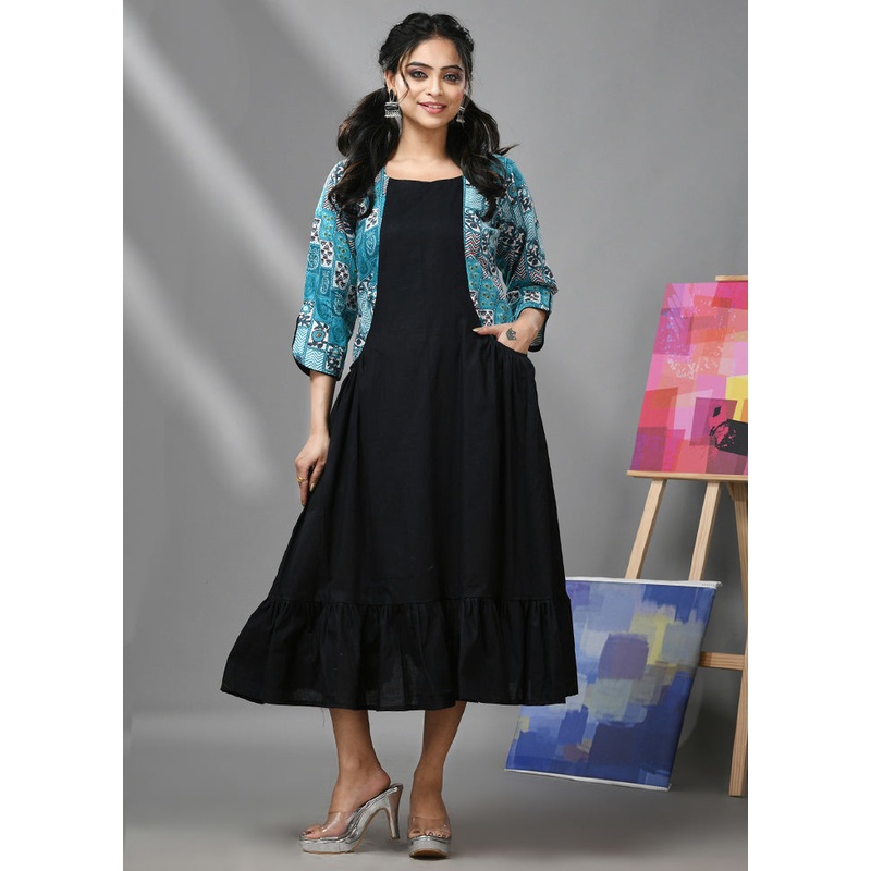 Black Readymade Cotton Indian Dress - JD986583309