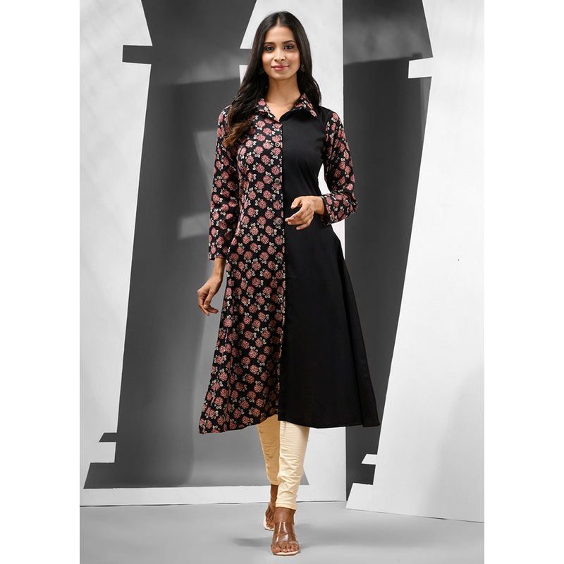 Black Readymade Cotton Kurti - JD986583208
