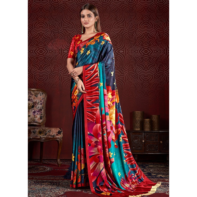 Blue Dupion Silk Saree With Blouse Piece - JD986583269