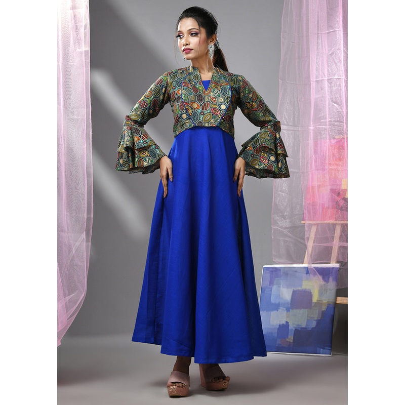Blue Readymade Cotton Indian Dress With Jacket - JD986583306