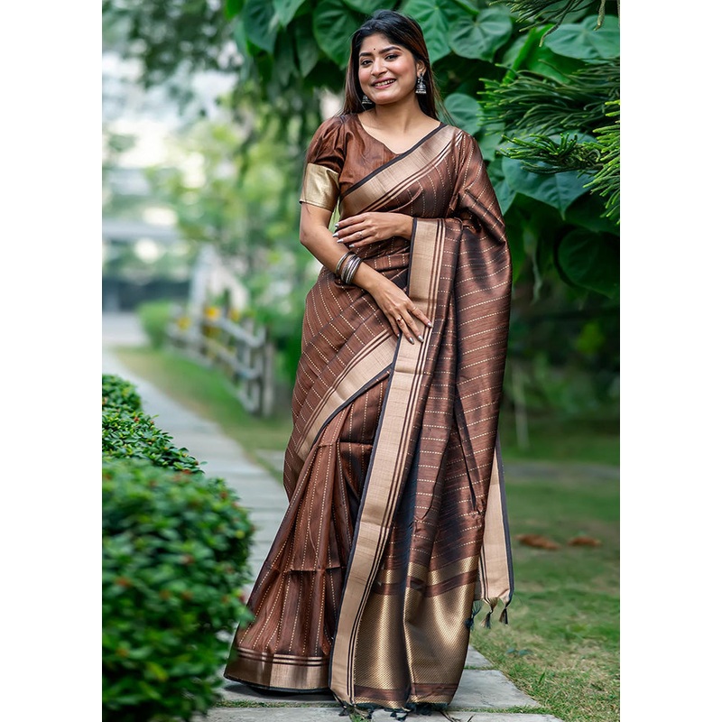 Brown Dupion Silk Saree With Blouse Piece - JD986583266