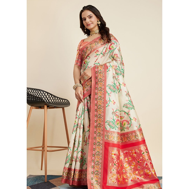Cream Dupion Silk Saree With Blouse Piece - JD986583262
