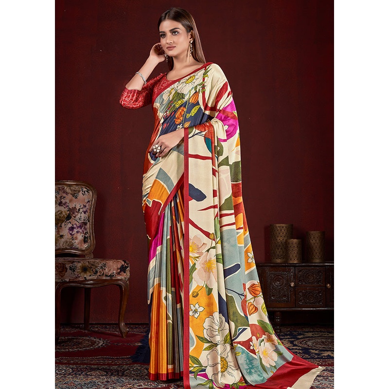Cream Dupion Silk Saree With Blouse Piece - JD986583263