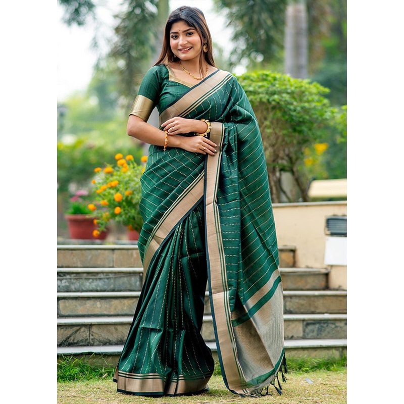 Green Dupion Silk Saree With Blouse Piece - JD986583261