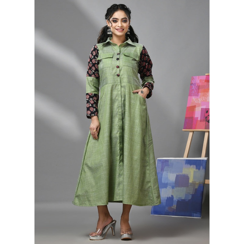 Green Readymade Cotton Indian Dress - JD986583302