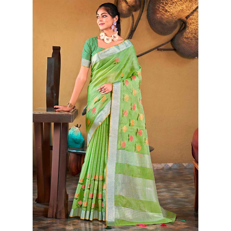 Green Silk Saree With Blouse Piece - JD986583259