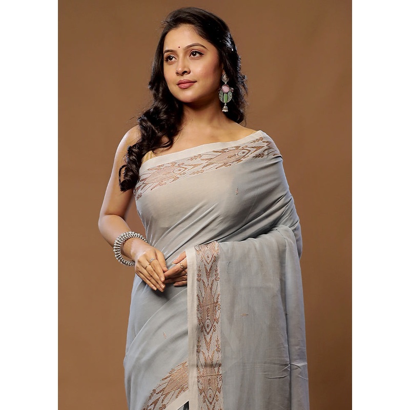 Grey Cotton Saree With Blouse Piece - JD986583181