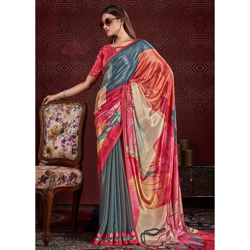Grey Dupion Silk Saree With Blouse Piece - JD986583257
