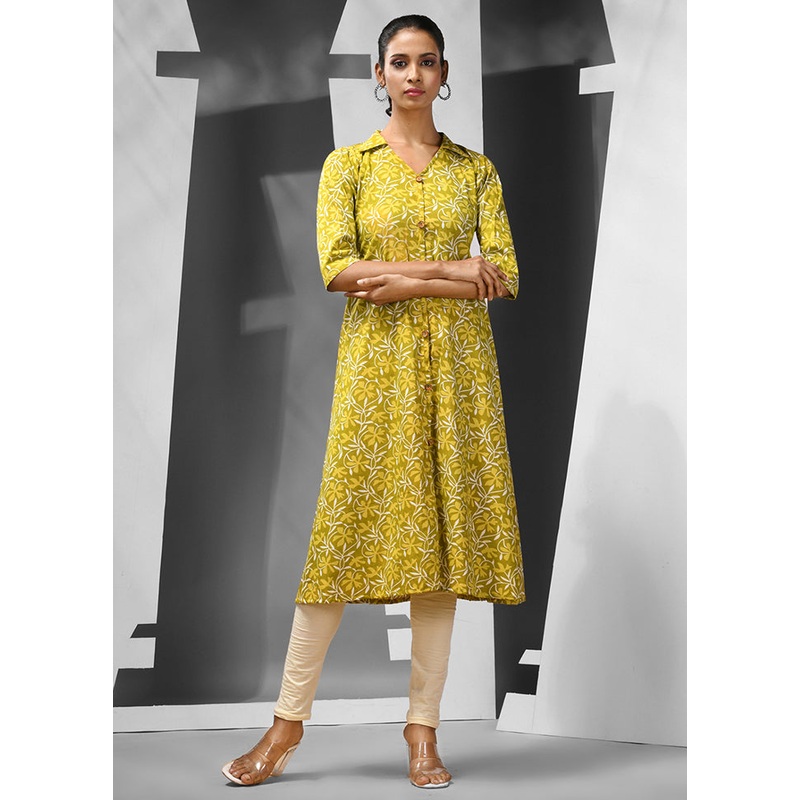 Lime Green Readymade Cotton Kurti - JD986583204