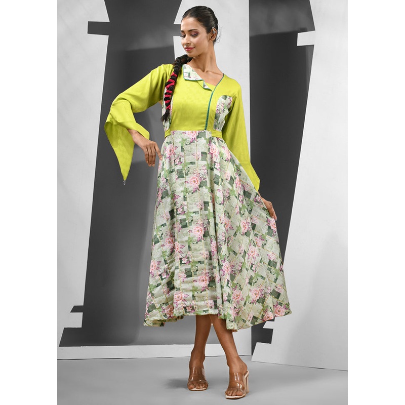 Lime Green Readymade Silk Indian Dress - JD986583203