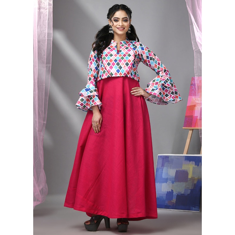 Multicolor Readymade Cotton Indian Dress With Jacket - JD986583301