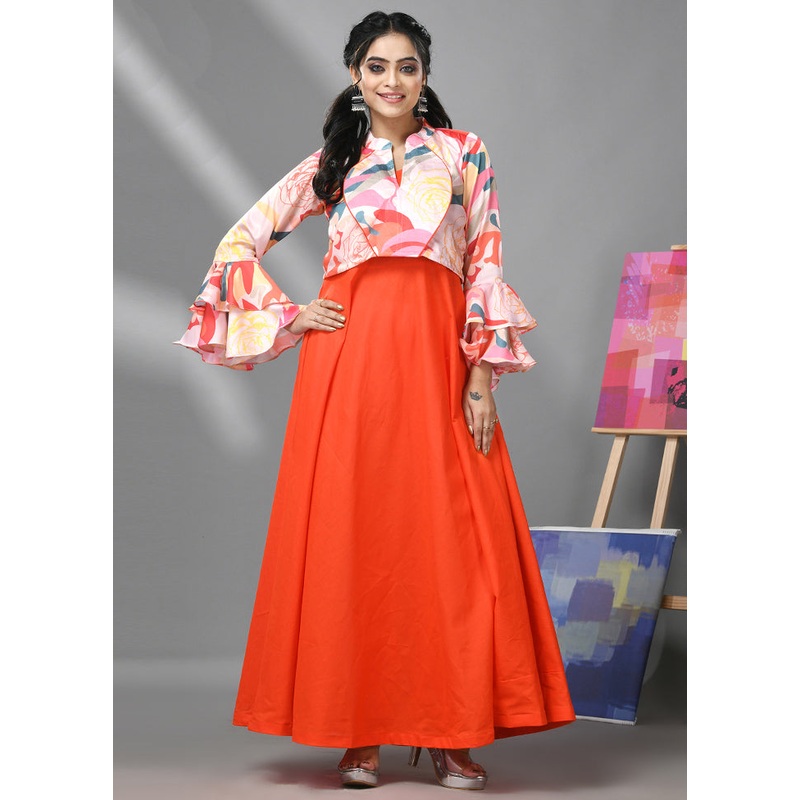 Orange Readymade Cotton Indian Dress With Jacket - JD986583298