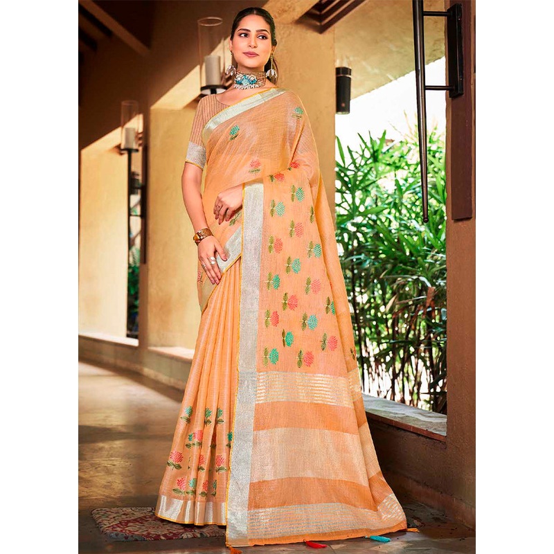 Orange Silk Saree With Blouse Piece - JD986583253