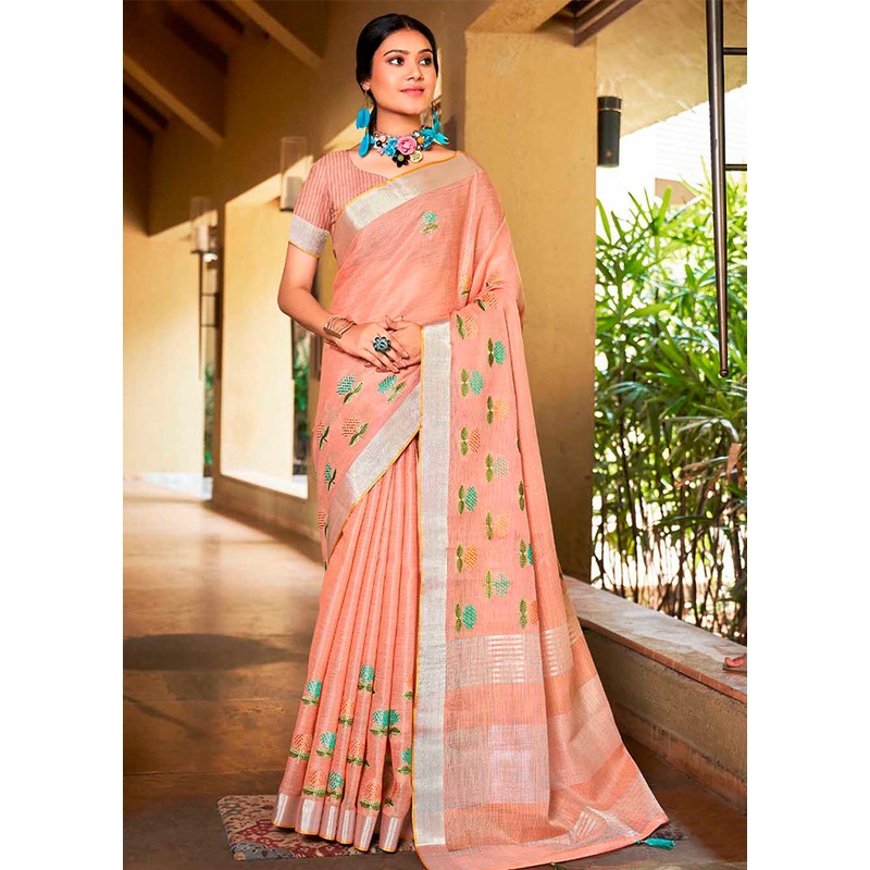 Peach Silk Saree With Blouse Piece - JD986583250