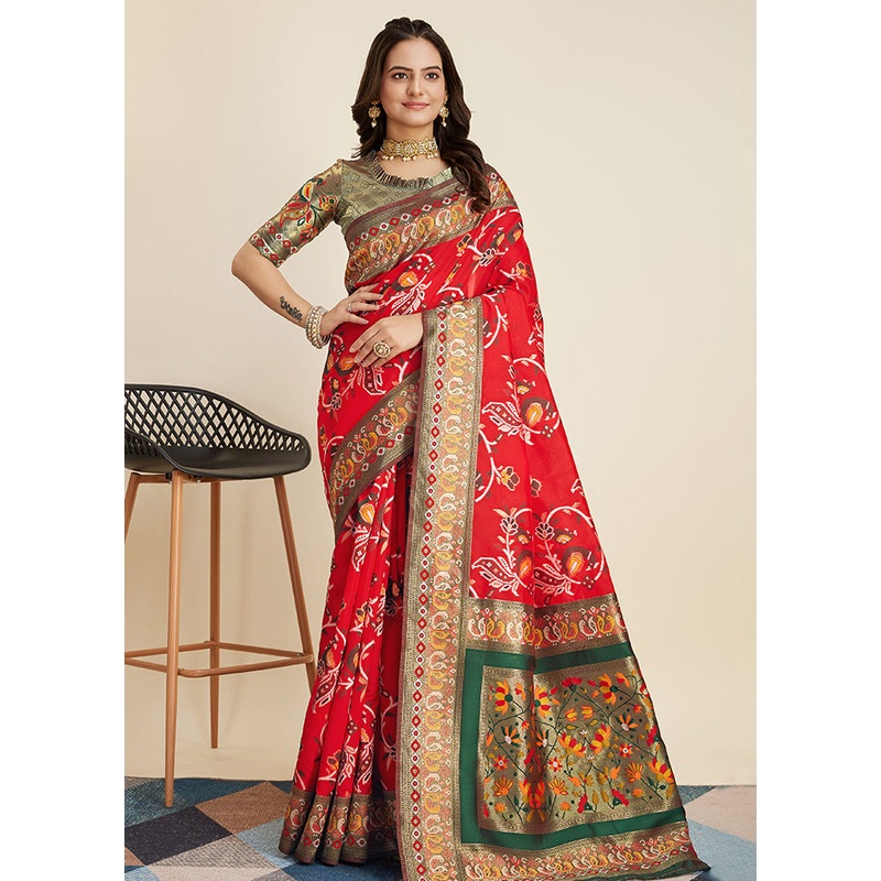Red Dupion Silk Saree With Blouse Piece - JD986583240