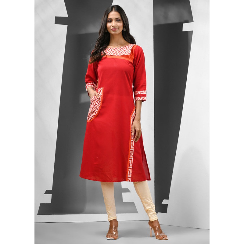 Red Readymade Cotton Kurti - JD986583196