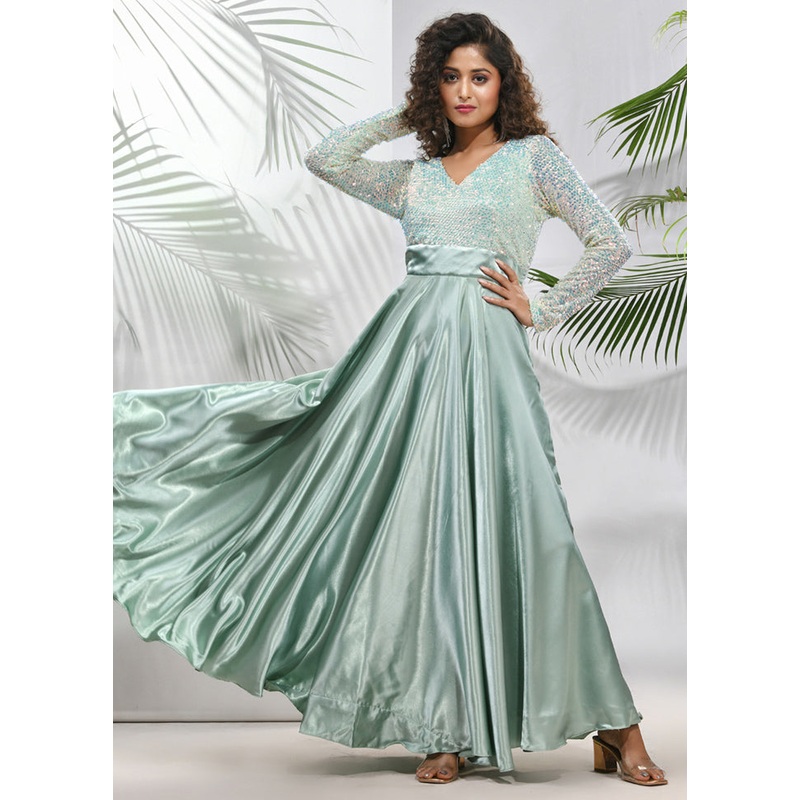 Sage Green Readymade Silk Indian Dress - JD986583368