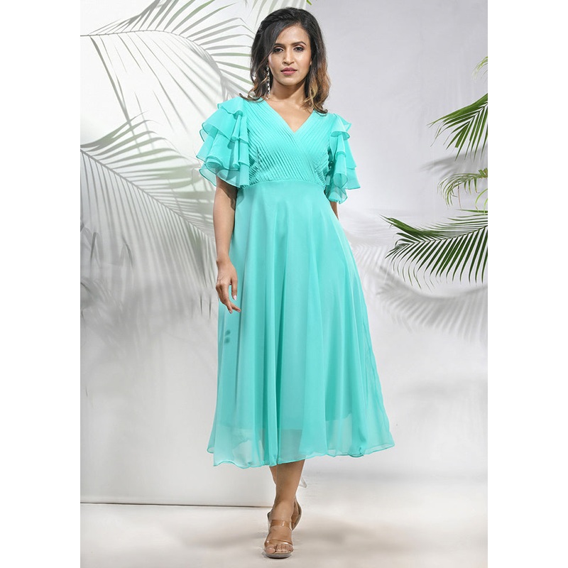 Sea Green Readymade Georgette Indian Dress - JD986583366