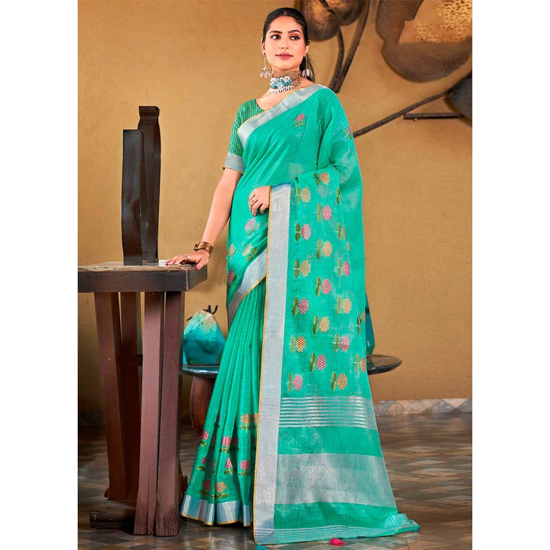 Sea Green Silk Saree With Blouse Piece - JD986583238