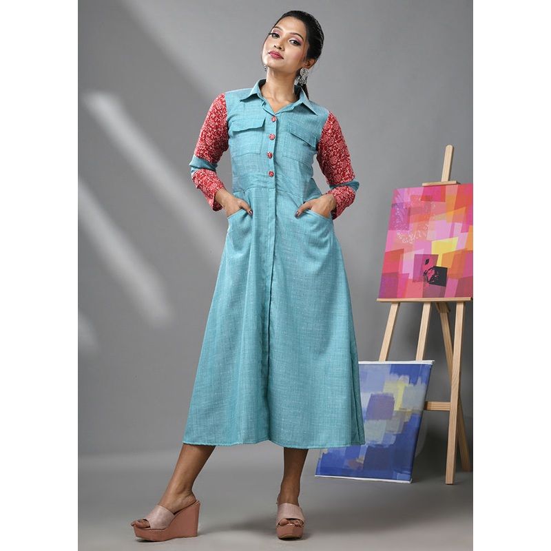 Sky Blue Readymade Cotton Indian Dress - JD986583296