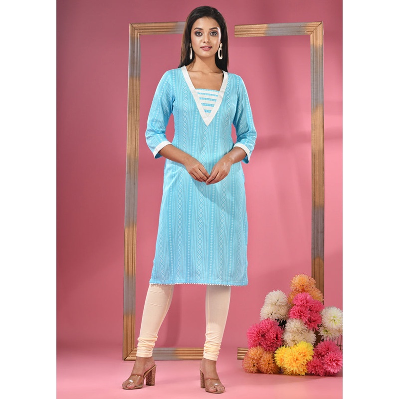 Sky Blue Readymade Cotton Kurti - JD986583365