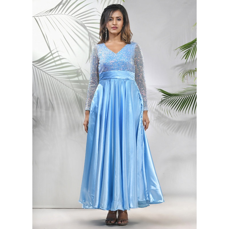 Sky Blue Readymade Silk Indian Dress - JD986583364
