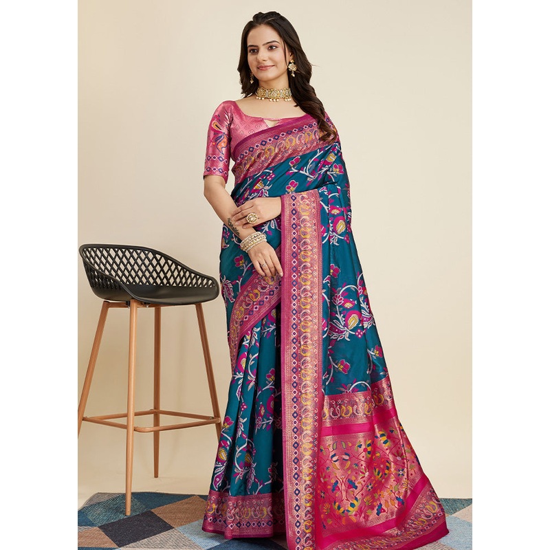 Teal Blue Dupion Silk Saree With Blouse Piece - JD986583237
