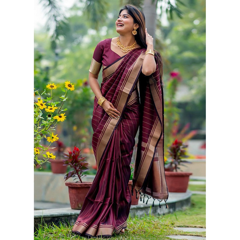 Wine Dupion Silk Saree With Blouse Piece - JD986583236