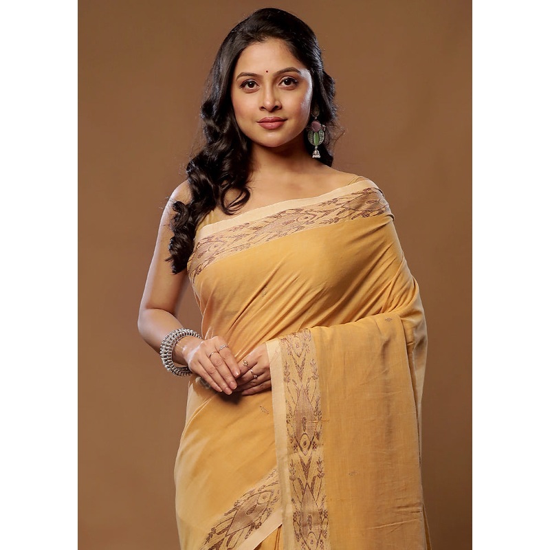 Yellow Cotton Saree With Blouse Piece - JD986583178