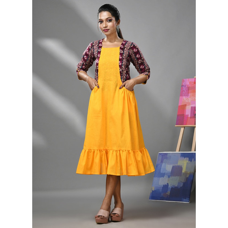 Yellow Readymade Cotton Indian Dress - JD986583294