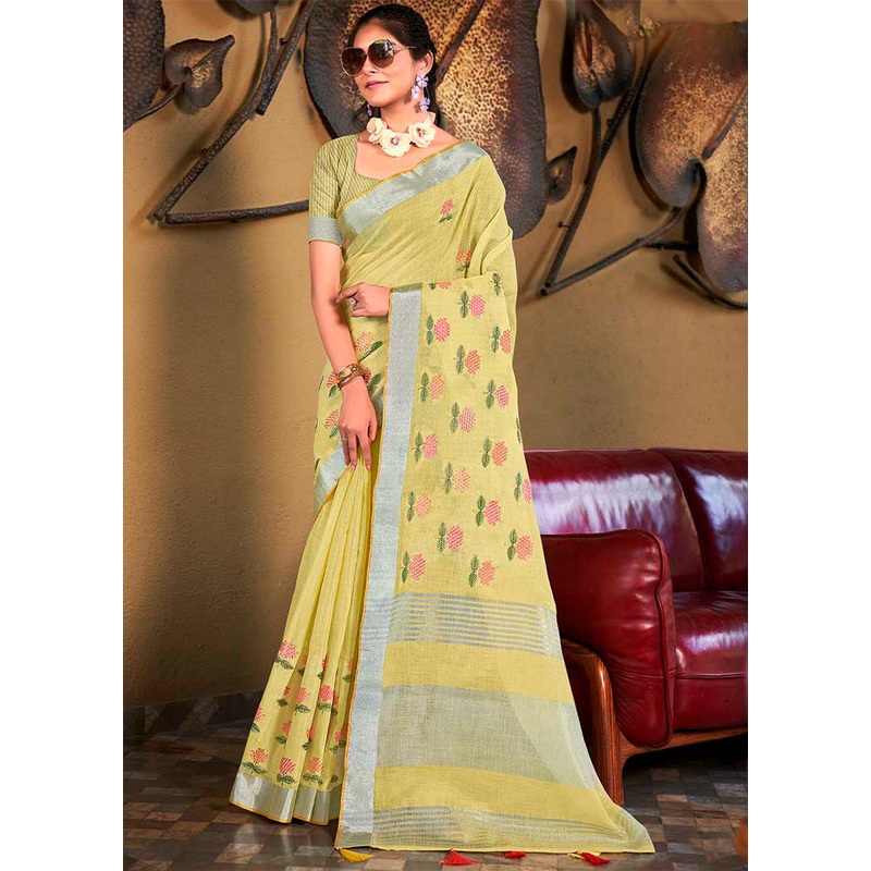 Yellow Silk Saree With Blouse Piece - JD986583234