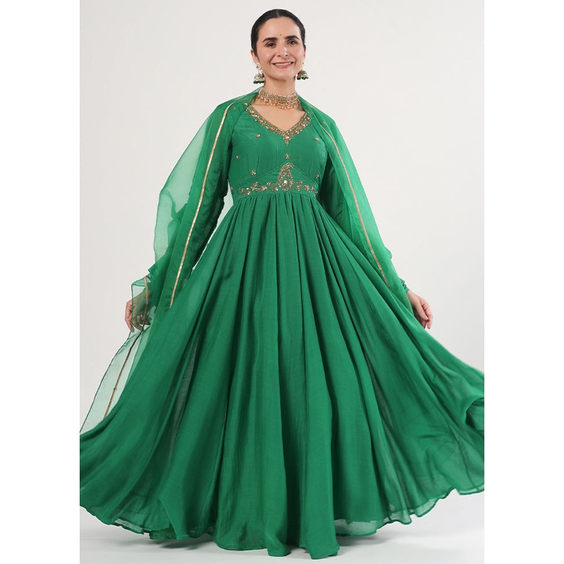 2 Pc Maroon Readymade Silk Anarkali Set - JD986583171