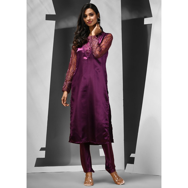 2 Pc Purple Readymade Silk Kurti Set - JD986583133