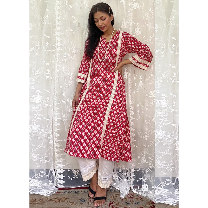 2 Pc Red Readymade Cotton Kurti Set - JD986583162