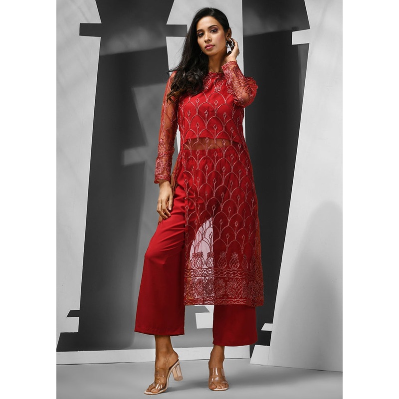2 Pc Red Readymade Georgette Kurti Set - JD986583132