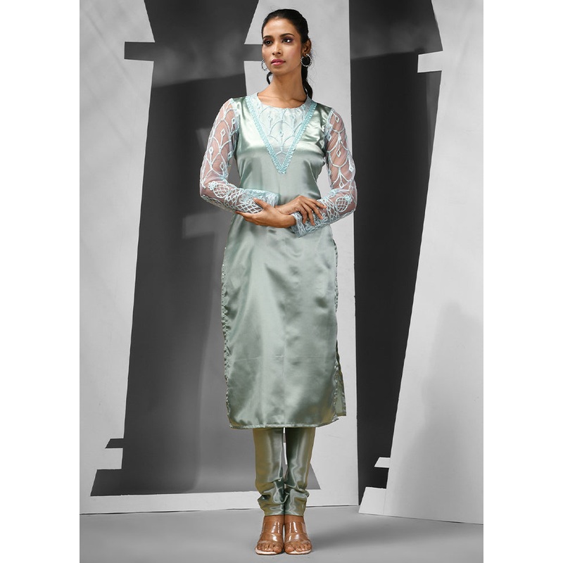 2 Pc Sea Green Readymade Silk Kurti Set - JD986583131