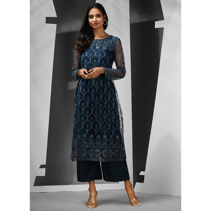 2 Pc Teal Readymade Georgette Kurti Set - JD986583130