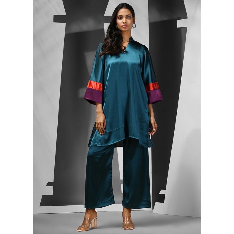 2 Pc Teal Readymade Silk Kurti Set - JD986583129