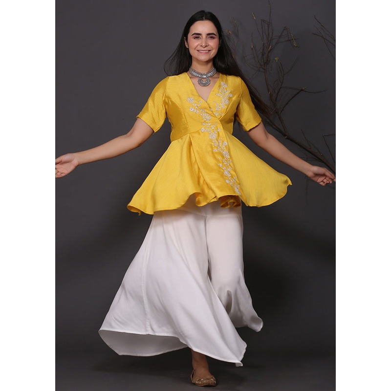 2 Pc Yellow Readymade Silk Top Set - JD986583159