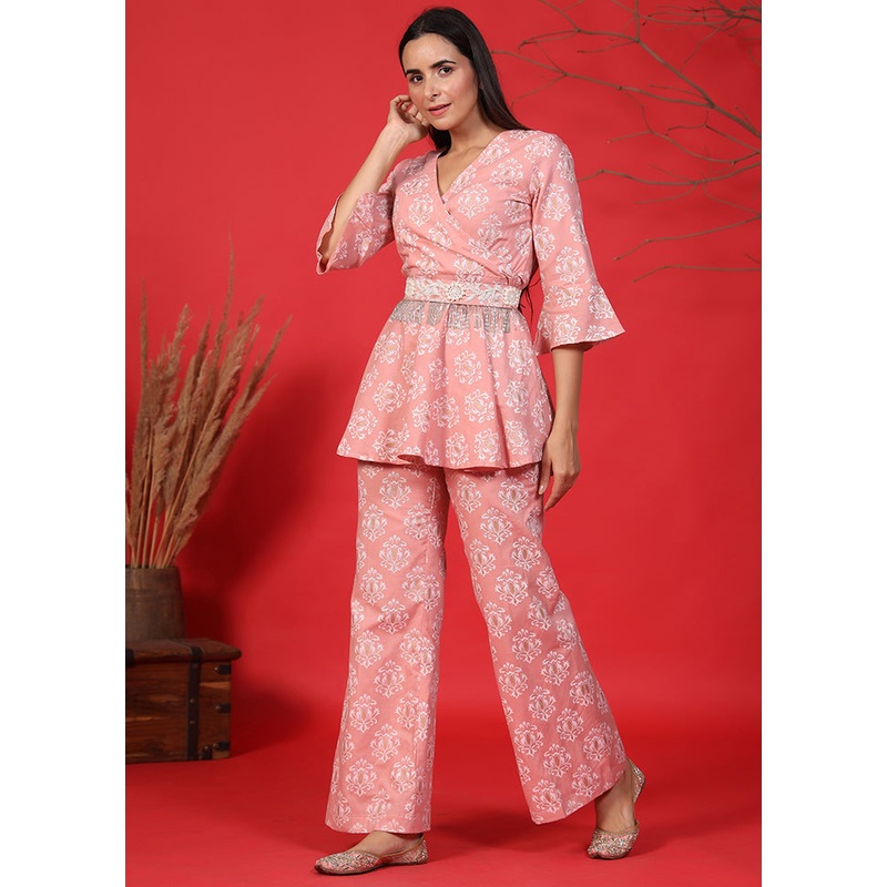 3 Pc Baby Pink Readymade Cotton Top And Belt Suit Set - JD986583158