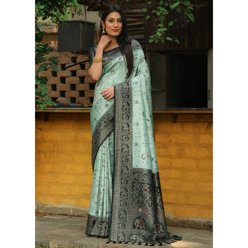 Aqua Pure Dupion Silk Saree With Blouse Piece - JD986582974