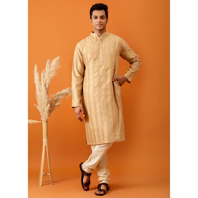 Beige Cotton Full Sleeves Mandarin Collar Long Kurta And Pajama Set - JD986583049