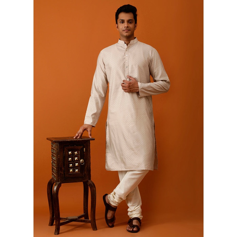 Beige Cotton Full Sleeves Mandarin Collar Long Kurta And Pajama Set - JD986583050
