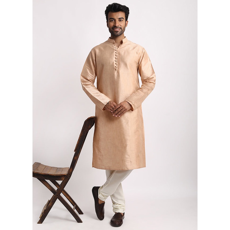 Beige Cotton Full Sleeves Mandarin Collar Long Kurta And Pajama Set - JD986583051