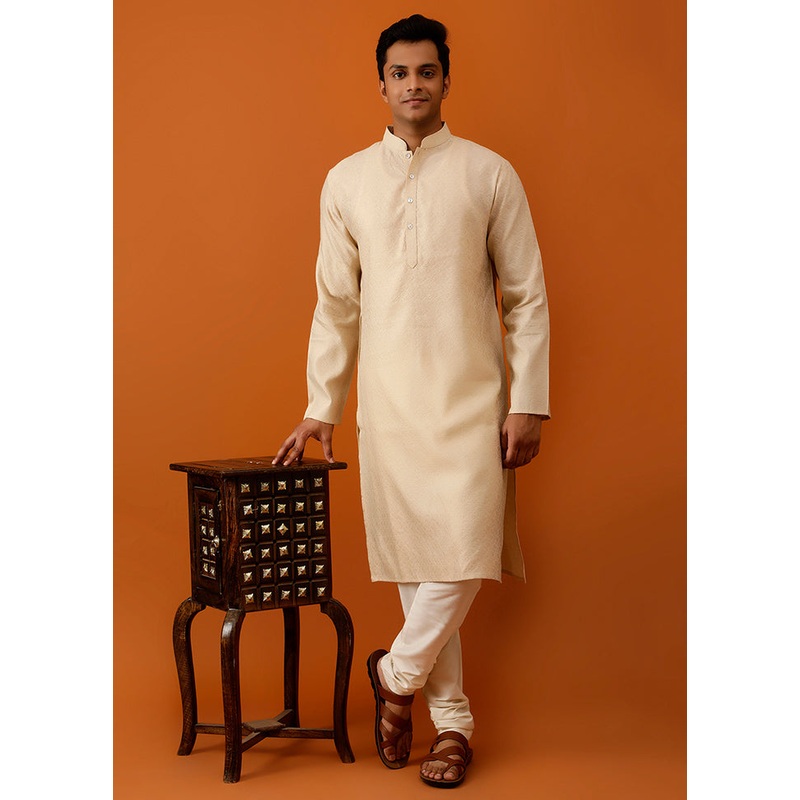 Beige Cotton Full Sleeves Mandarin Collar Long Kurta And Pajama Set - JD986583052