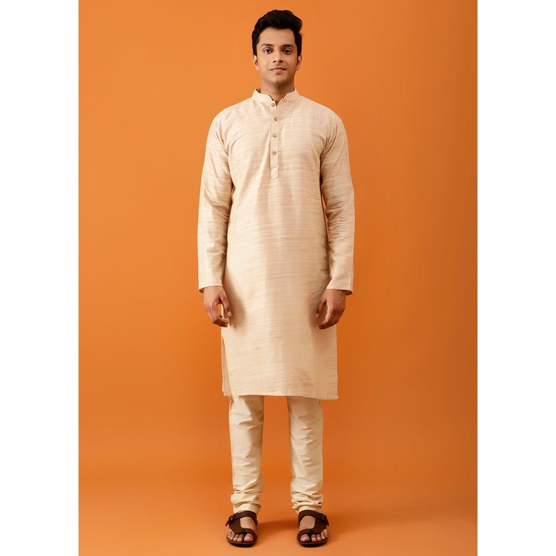 Beige Cotton Full Sleeves Mandarin Collar Long Kurta And Pajama Set - JD986583054
