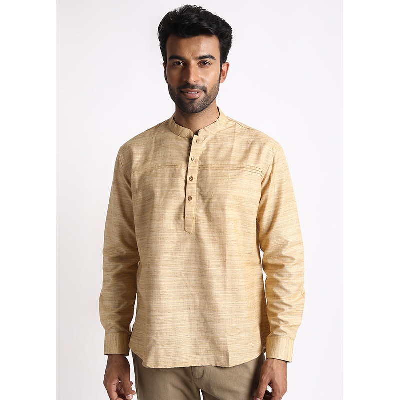 Beige Cotton Full Sleeves Mandarin Collar Short Kurta - JD986583043