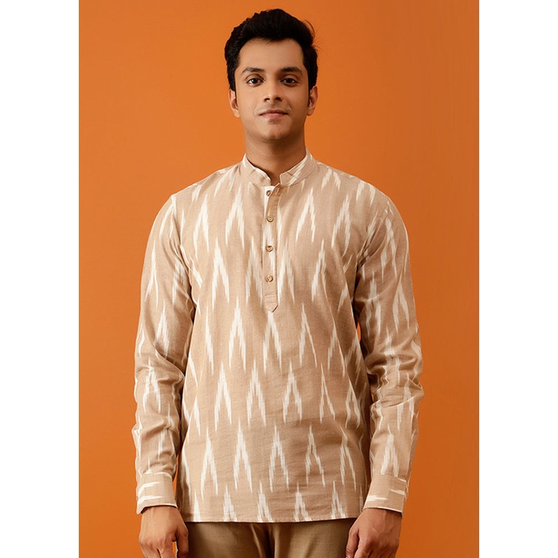 Beige Cotton Full Sleeves Mandarin Collar Short Kurta - JD986583044
